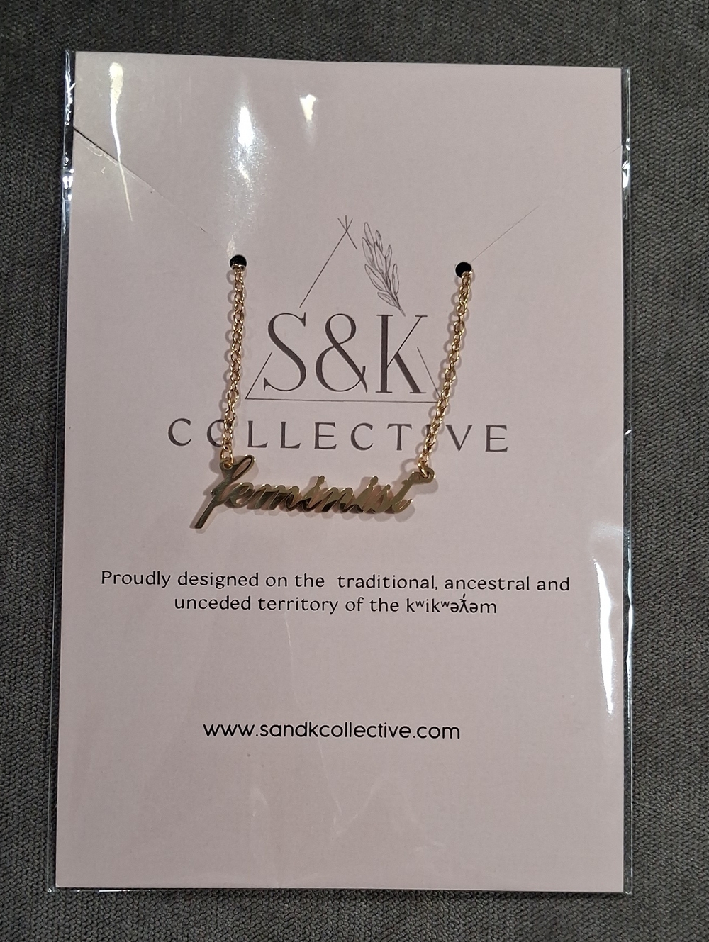 S & K Gold Toned Stainless Steel Feminist Script Necklace 45cm + 5cm NEW